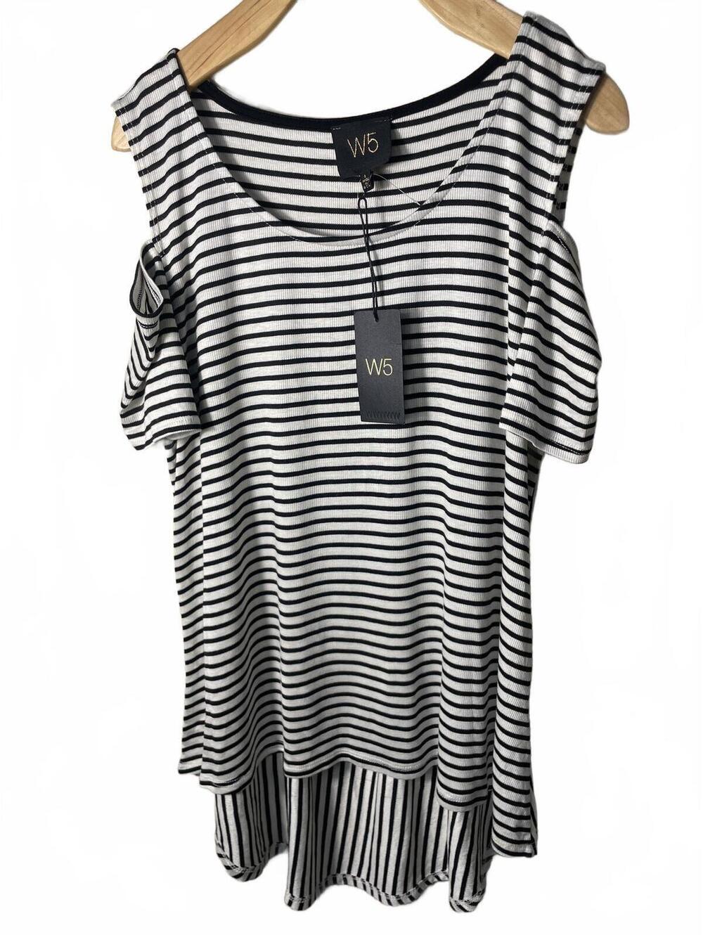 W5 Black White Striped Blouse Top Women's Size Large Ribbed Cold Shoulder New